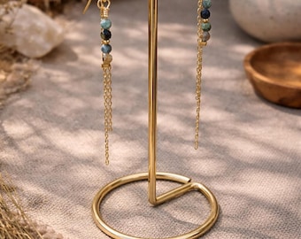 14K Gold Chain Tourmaline Dangle Earrings, Double Layered Everyday Jewelry