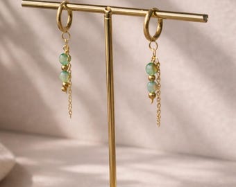 14K Gold Filled Green Rounded Aventurine Drop Earrings | Dainty Chain Tassel | Minimal Boho Jewelry