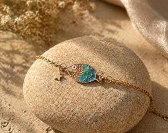 14K Solid Gold Fish Bracelet – Turquoise Enamel Charm, Star Accent, Ocean Jewelry