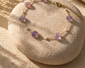 Amethyst Pearl Bracelet: 14k Gold Chain, Minimal Chic Everyday Jewelry