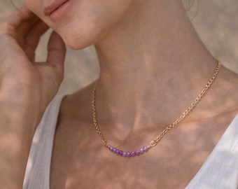 Dainty Amethyst Necklace | 2mm Crystal Cut Purple Gemstone, Minimal Gold Chain