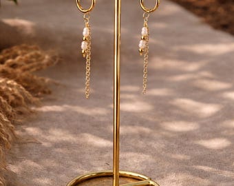 Dainty 14K Freshwater Pearl Golden Cascade Hoop Earrings with Double Chain Drape