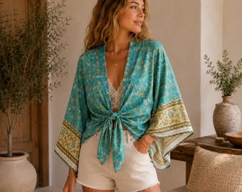 Cardigan kimono floreale boho – Coprispalle estivo con laccetti sul davanti, kimono leggero da spiaggia, outfit da festival, top boho da donna