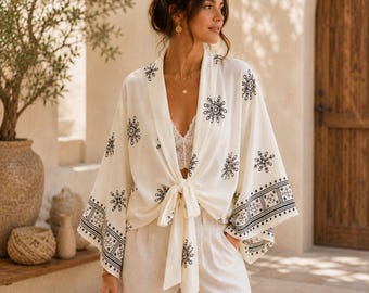 Boho Tie Front Kimono Top Women Lightweight Floral Kimono Cardigan Summer Beach Cover Up Festival Outfit