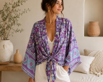 Boho Floral Kimono Top Women Summer Tie Front Kimono Lightweight Bohemian Cardigan Festival Outfit Beach Cover Up