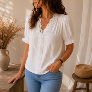 Boho Lace Blouse for Women V Neck Summer Top Casual Short Sleeve Shirt Bohemian Chic Loose Fit Tunic Plus Size Top