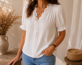 Boho Lace Blouse for Women V Neck Summer Top Casual Short Sleeve Shirt Bohemian Chic Loose Fit Tunic Plus Size Top