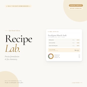 May include: A digital template for bath bomb makers, featuring a recipe lab design. The image includes text that reads "Recipe Lab" and "Eucalyptus Muscle Soak" with ingredient details. The design is in neutral tones with a modern aesthetic.