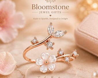 Sterling Silver Sakura Flower Ring with Mother of Pearl, Adjustable Rose Gold Leaf Design