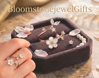 Anillo de plata de ley con diseño de flor de cerezo y nácar, ajustable. Diseño de hoja de oro rosa.