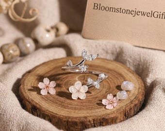 Bague fleur de sakura en argent sterling, nacre, bijoux réglables en fleurs de cerisier