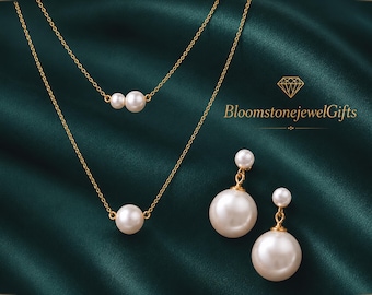 Delicate Double Pearl Necklace with earrings, Gold-Tone Chain, Minimalist Bridesmaid Jewelry