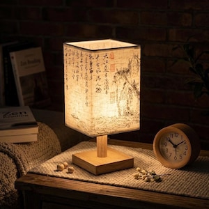 Comfortable Table Lamp - Modern Japanese Style Table Lamp - Square Fabric Shade - Wooden Base, LED Light, Desk Lamp - USB