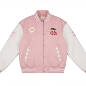 Pastel Pink Varsity Jacket, Kawaii Embroidered Bomber Jacket, Cute Y2K Aesthetic Streetwear, Cherry Patch Letterman Jacket, Gift for Her