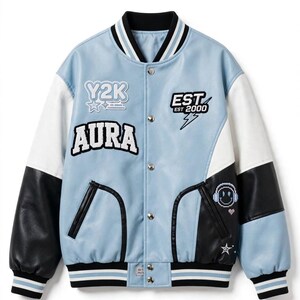 Vintage Y2K Blue & White Leather Varsity Jacket | Retro Streetwear Bomber with Embroidered Patches