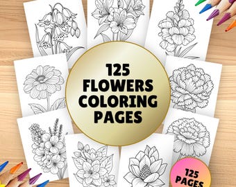 125 Flower Coloring Pages | Roses, Tulips, Sunflowers, Orchids | Kids Activity Sheet | Digital Download
