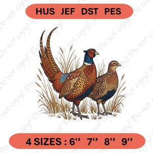 May include: A detailed illustration of two pheasants, one male and one female, standing in tall grass. The male pheasant has vibrant plumage with red, blue, and brown feathers. The image includes the text "HUS JEF DST PES" and "4 SIZES: 6" 7" 8" 9""