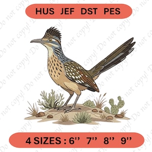 May include: An embroidery design featuring a roadrunner bird standing on desert terrain with cacti and rocks. The text HUS JEF DST PES appears at the top, and 4 SIZES : 6" 7" 8" 9" is printed at the bottom. The bird has brown, tan, and blue-grey feathers.