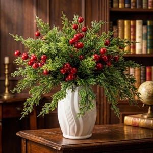 May include: A white ceramic vase with a vertical wavy texture containing a dense arrangement of artificial green cedar branches and clusters of small, round, glossy red berries, creating a full, rounded botanical display.