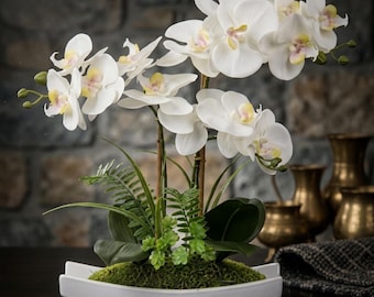 Artificial White Orchids, Faux Silk Phalaenopsis in Pot, Wedding, Bathroom and Office Home Decor