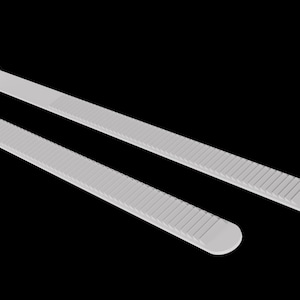 May include: Two white, rectangular straps with a ridged texture on a black background. Each strap has a rounded end and a small tab at the opposite end. The straps are angled diagonally.