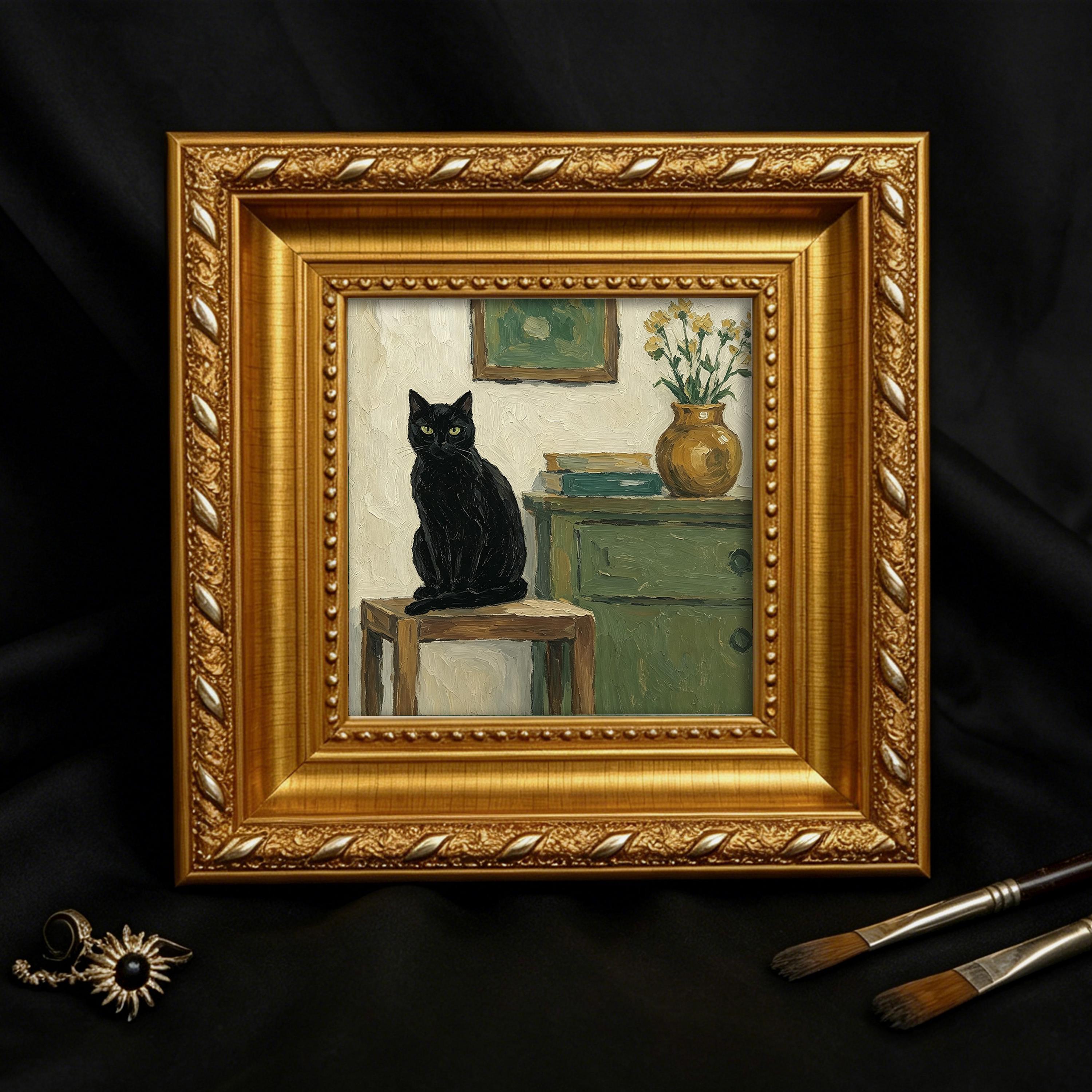 Mini Black Cat Painting in Gold Frame | Tiny Original Artwork ...