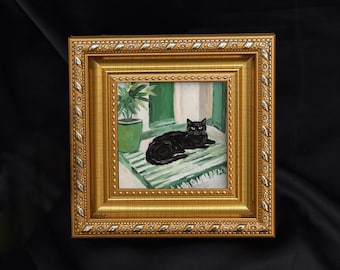 Mini handgemaltes Ölgemälde auf Leinwand, 3x3, süsses Katzenbild, kleines gerahmtes Katzenkunstwerk, einzigartiges Geschenk für Tierliebhaber, Originalkunstwerk