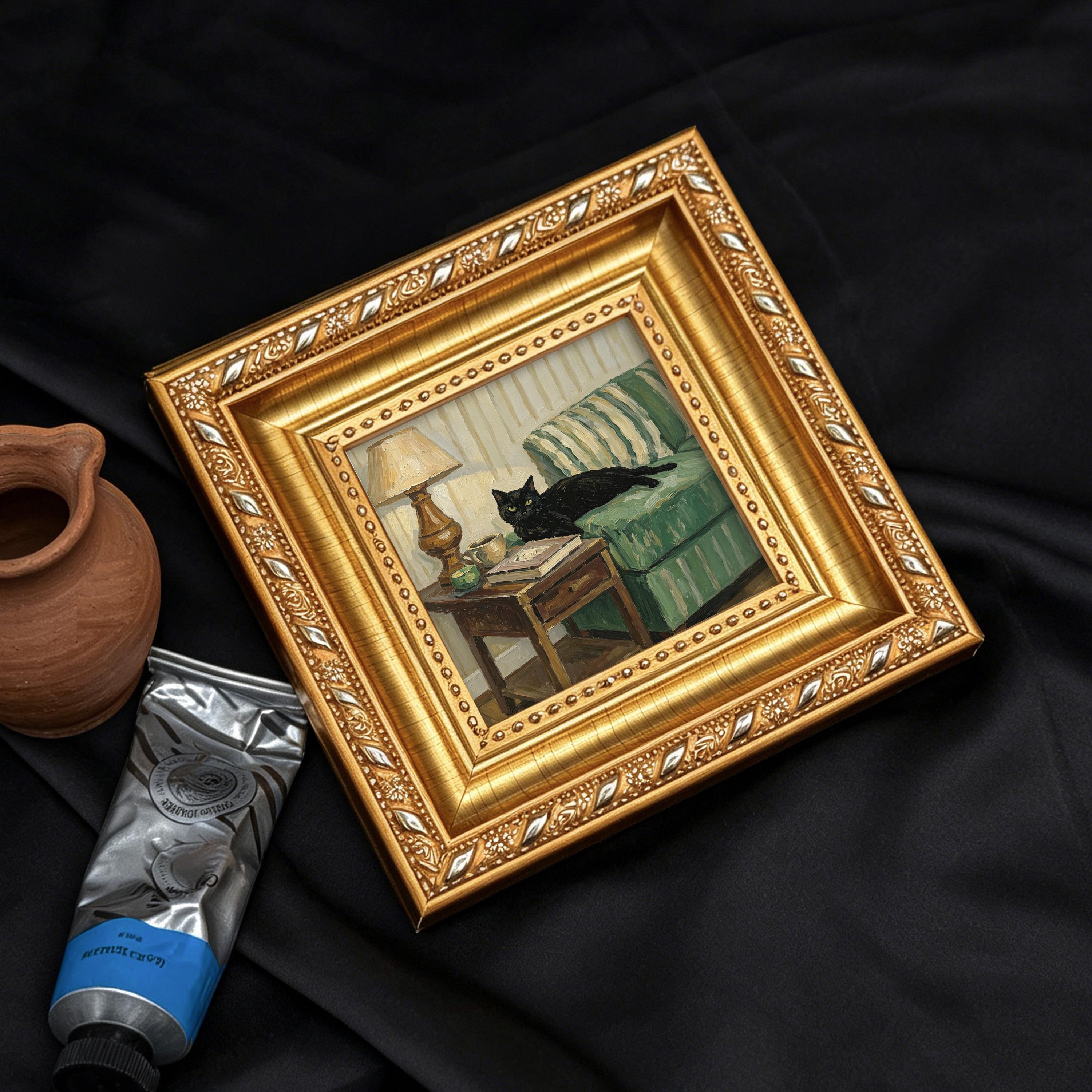 Tiny Cat Artwork in Gold Frame, Hand Painted Mini Wall Art, Gothic Cute ...