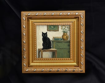 Mini schwarze Katze im Goldrahmen | Winziges Original Kunstwerk | Skurril Regal Dekor | Handgemaltes Ölgemälde, einzigartiges Geschenk für Tierliebhaber