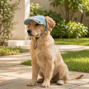 Puede incluir: Un cachorro de golden retriever con una gorra azul claro con la palabra "Buddy" impresa. La gorra tiene un diseño de huella de pata y una correa de barbilla negra ajustable. El perro está sentado en un patio de piedra.