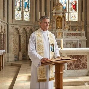 May include: A white clerical garment with a decorative stole featuring gold embroidery and a cross emblem. The person is standing in a church, holding an open book on a wooden lectern.