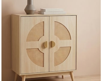 Rattan Buffet Cabinet with Storage, Mid Century Sideboard Credenza with Doors & Shelves, Modern Coffee Bar Console Table