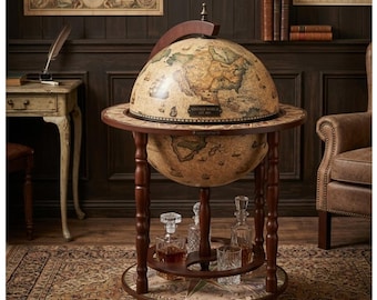 Globe Bar Liquor Cabinet on Wheels, Vintage Wine Stand with Old World Map, Italian Replica Globe Bar Cart with Bottom Shelf