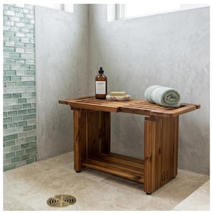 Adjustable Shower Bench Stool 31.7 Inch, Wood Bathroom Bench with Shelf Handle Shower Head Holder, Waterproof Bath Seat