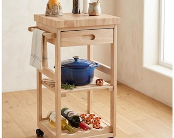 Solid Wood Kitchen Trolley Cart, Parawood Rolling Cart 15x15x33, DIY Paint or Stain, Small Kitchen Storage Cart Easy Assembly