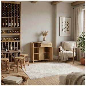 May include: A light oak wooden sideboard featuring a single drawer with a woven rattan front panel and a cabinet door, positioned next to a tall wine rack, three round rattan stools, and an upholstered armchair with a beige throw blanket.