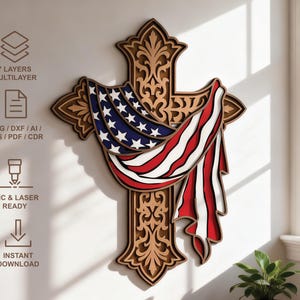 7-Layer Patriotic Cross American Flag SVG, CNC Laser Cut File (Digital Download)