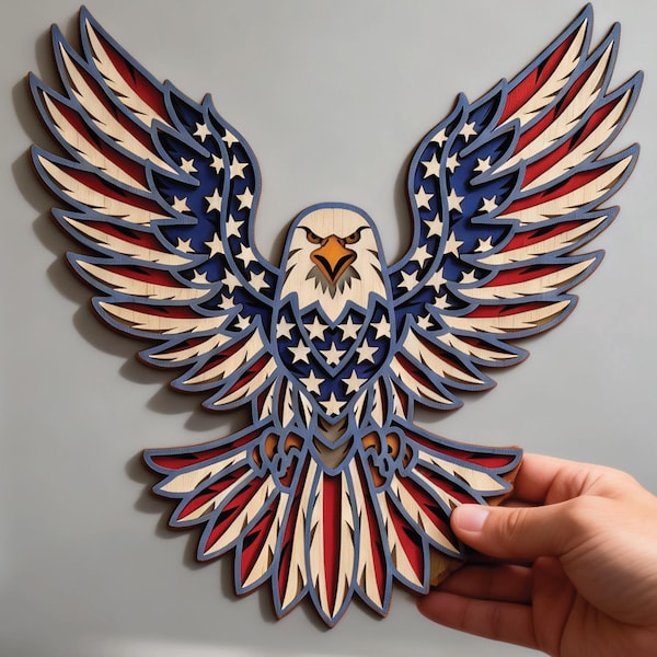 Patriotic Eagle multilayer SVG. Laser cut file. Layer construction. Plywood cutting. CNC. Mandala plywood