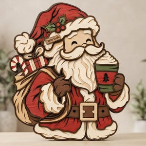 7-laags kerstmuurdecoratie met kerstman en koffiemotief, lasergesneden SVG DXF (digitale download)