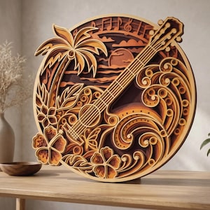 May include: A layered wooden wall art piece featuring a guitar, palm tree, and hibiscus flowers. The design incorporates musical notes, a sunset, and ocean waves. The artwork is primarily in shades of brown and orange, creating a tropical theme.