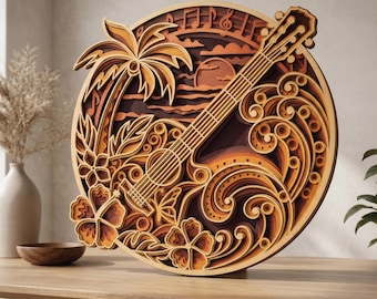 May include: A layered wooden wall art piece featuring a guitar, palm tree, and hibiscus flowers. The design incorporates musical notes, a sunset, and ocean waves. The artwork is primarily in shades of brown and orange, creating a tropical theme.
