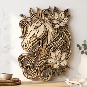 May include: A multi-layered wooden wall art piece featuring a horse head profile with flowing mane and two large flowers. The design uses various shades of natural wood grain, creating depth through stacked cutouts of the equine and floral motifs.