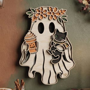 Decoración de pared de Halloween con fantasmas, gatos negros, calabazas y coronas florales (descarga digital)