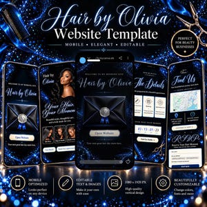 以下が含まれることがあります： Hair by Oliviaというタイトルのモバイル用ウェブサイトテンプレート。ダークブルーとブラックを基調とし、きらめく光の演出が施されています。アイコン、テキストフィールド、黒い封筒の背景にワックスシールのグラフィックが含まれています。