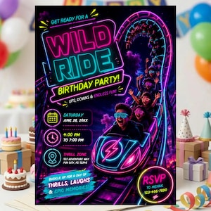 Pode incluir: Um folheto de convite para festa de aniversário com tema neon, apresentando uma montanha-russa com passageiros usando óculos brilhantes. O texto inclui GET READY FOR A WILD RIDE BIRTHDAY PARTY, SATURDAY JUNE 28, 20XX, THRILL ZONE e RSVP.