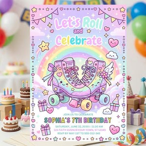 Może przedstawiać: Pastelowe zaproszenie urodzinowe z napisem "Let's Roll and Celebrate". Zaproszenie zawiera kreskówkowe rolki, tęczę, gwiazdki, serca i pudełka z prezentami. Tekst brzmi "Sophia's 7th Birthday."