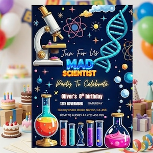 Può includere: Un invito blu navy per una festa da scienziato pazzo. L'invito presenta un microscopio, un filamento di DNA e vetreria da laboratorio. Il testo include "Join For Us", "Mad Scientist" e "Oliver's 8th birthday".
