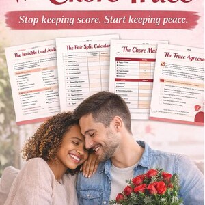 May include: Image features the text "The Romantic Husband" and "The Chore Truce". A couple is embracing, holding a bouquet of red roses. Three heart-shaped icons read "Get Balanced", "Work Together". The text "Stop keeping score. Start keeping peace."