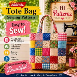 May include: A patchwork tote bag featuring a grid of colorful fabric squares with various floral, gingham, polka dot, and plaid patterns. The bag has two matching fabric handles and is displayed alongside sewing-related text and icons.