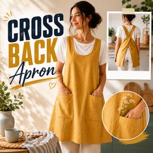 Puede incluir: Un delantal color mostaza con espalda cruzada, escote redondo y dos grandes bolsillos frontales. El delantal se lleva sobre una camiseta blanca. El texto en la imagen dice CROSS BACK Apron. Un recuadro pequeño muestra la parte trasera.